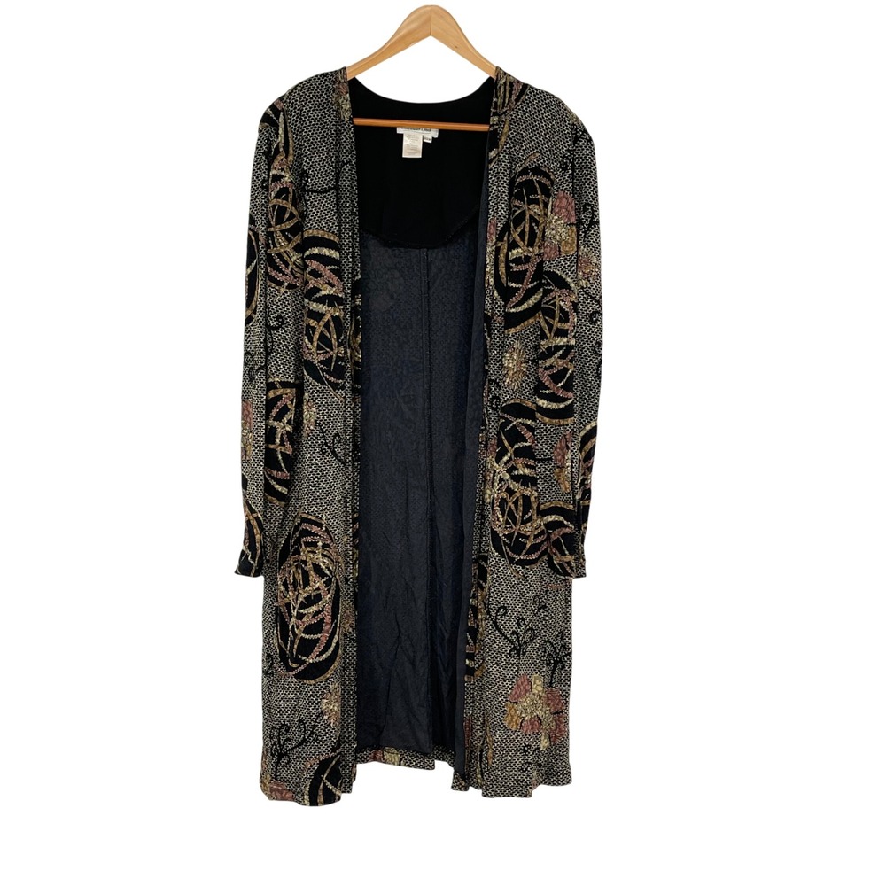 Coldwater Creek 22W Black Gold Floral Print Duster Cardigan‎ Jacket Lagenlook